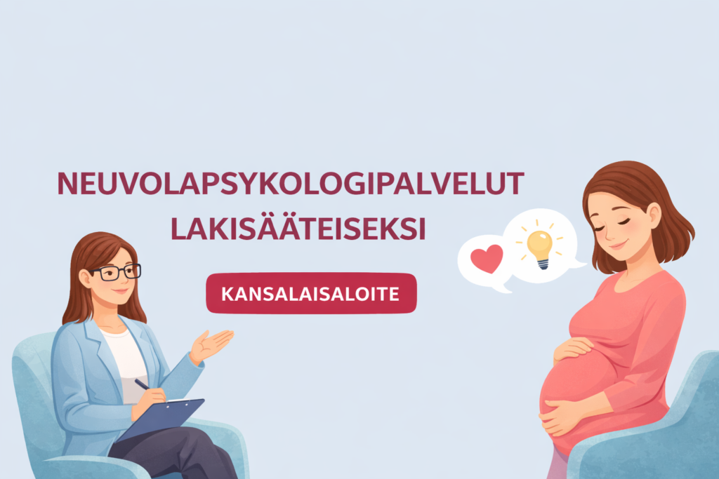 Psykologi ja raskaana oleva istuvat vastakkain. Keskellä lukee: neuvolapsykologinpalvelut lakisääteiseksi
