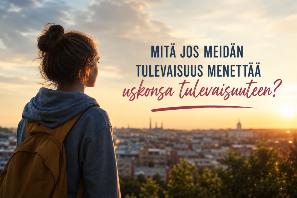 Nuori katsoo kaupunkia. Tekstinä: Mitä jos meidän tulevaisuus menettää uskonsa tulevaisuuteen?
