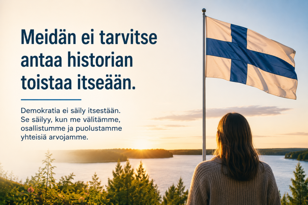 suomen lippu ja nainen joka sitä katsoo. Teksti: meidän ei tarvitse antaa historian toistaa itseään